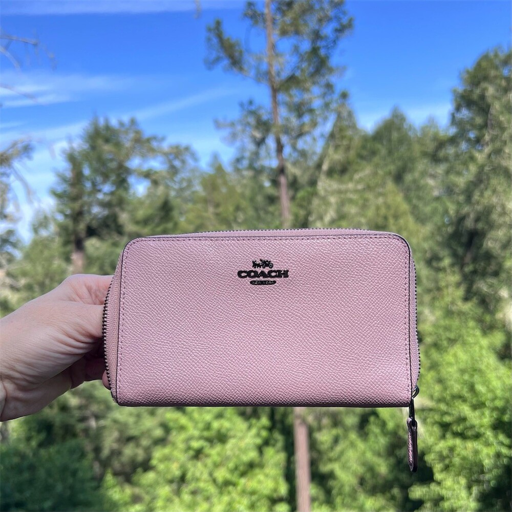 COACH Medium Pink Crossgrain Zip-Around Wallet with Gunmetal Hardware AUTHENTIC
